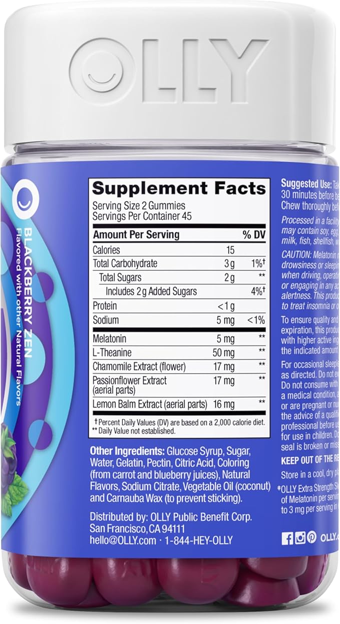 OLLY Extra Strength Sleep Gummy 5 mg Melatonin L-Theanine Chamomile Lemon Balm Extracts Sleep Aid BlackBerry Flavor - 90 Count
