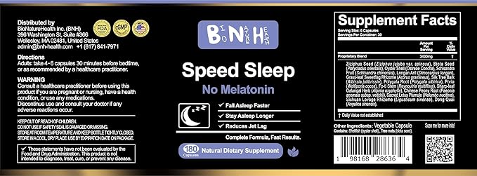 BNH Speed Sleep - Free Sleep Aid - Non-Habit Forming with 15 Herbs - Fall Asleep Faster &amp Deeper Sleep - Wake Refreshed No Morning Grogginess - Natural Chinese Herbal Formula - 180 Capsules