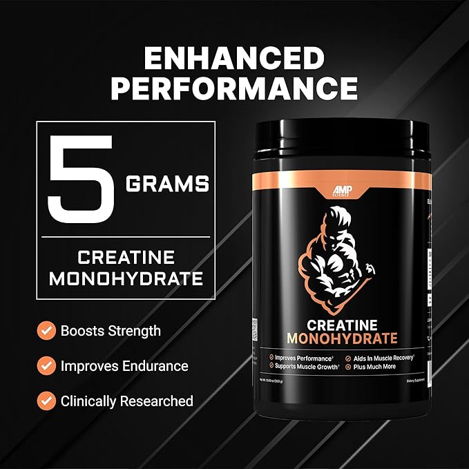 AMP Science® Creatine Monohydrate 60 Servings – Pure Unflavored Creatine Powder for Strength Muscle Growth Power Recovery &amp High-Intensity Training