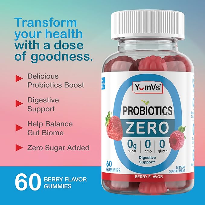 YUM-V'S Sugar Free Probiotic Gummies - Probiotics for Men &amp Women to Help Support Digestive Function – Adults &amp Kids Probiotic with 5 Billion CFU Bacillus Coagulans – Vegan &amp Gluten-Free (
