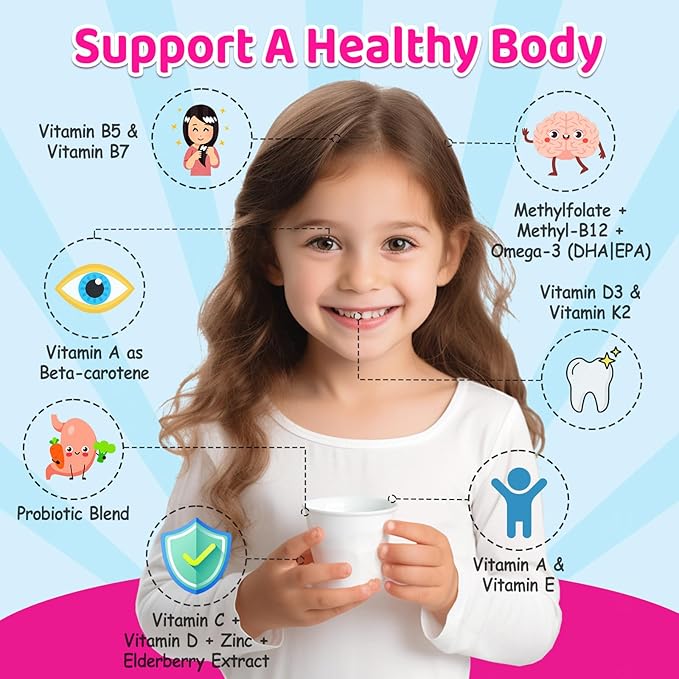 Kids Methylated Multivitamin - MTHFR Multivitamin for Kids &amp Teens 4+ L Methylfolate &amp B12 13 Vitamins Vegan Omega-3 Zinc Probiotics &amp Elderberry Immune Support Brain Health Sugar-