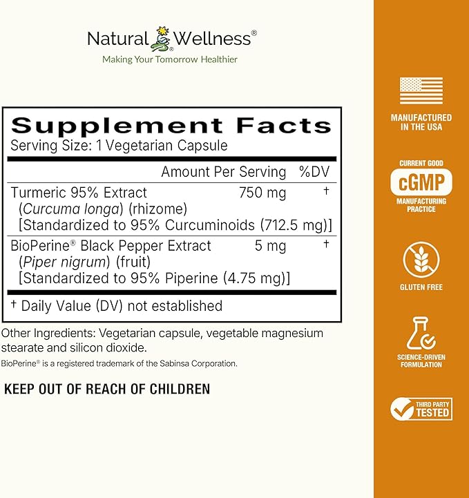 Natural Wellness Turmeric 95 with BioPerine® – 95% Curcuminoids – High Absorption Turmeric Supplement for Joint Health Immune Support &amp Liver Detox – Vegan Non-GMO 60 Capsules