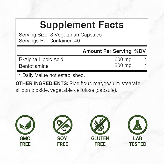 DEAL SUPPLEMENT R Alpha Lipoic Acid 600mg with Benfotiamine 300mg Per Serving 120 Veggie Capsules – 200mg R-ALA Per Capsule – Antioxidant Supplement for Energy &amp Nervous System Support