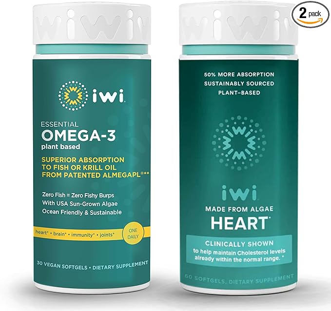 Iwi Omega-3 Essential &amp Heart Omega-3 Bundle 30 Servings Vegan Plant-Based Algae Omega 3 Krill &amp Fish Oil Alternative No Fishy Aftertaste
