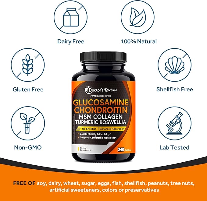 Doctor's Recipes Glucosamine Chondroitin MSM Turmeric Quercetin Movement Support Supplement for Men &amp Women with Black Pepper for High Absorption Mobility &amp Flexibility No Shellfish 240 T