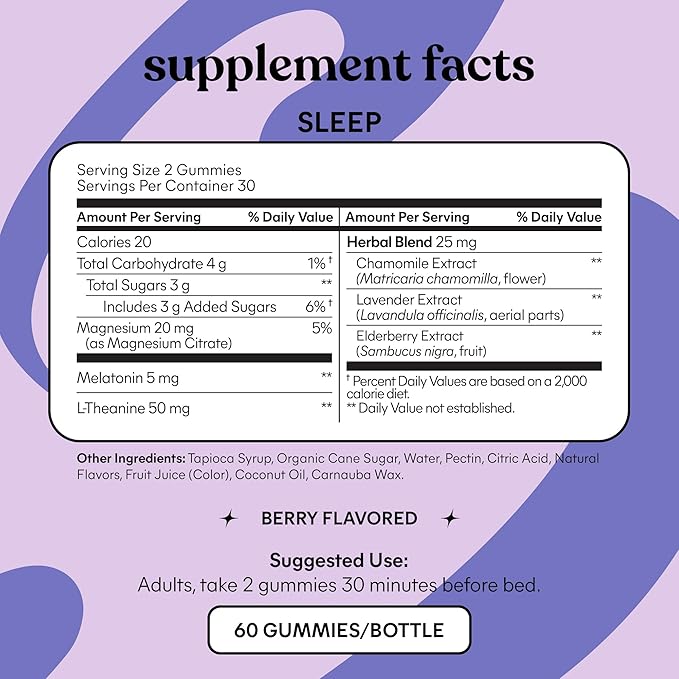 Lemme Sleep Gummies with 5mg Melatonin Elderberry Magnesium L-Theanine Chamomile and Lavender Drug-Free Nighttime Sleep Aid Gluten Free Gelatin Free Non GMO Berry Flavored (60 Count)