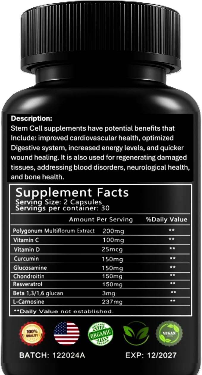 Stem Cell Supplements. Renewal Blend - Promotes Healthy Aging Through Cellular Renewal. Resveratrol L-Carnosine Polygonum Multiflorum Extract Beta 1.3/1.6 Glucan. Non-GMO Gluten Free.
