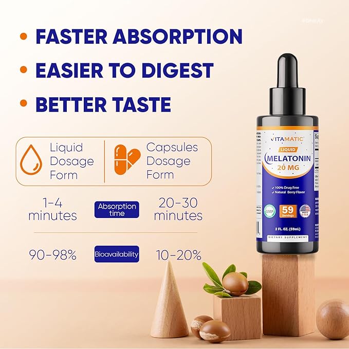 Vitamatic 4-Pack Melatonin 20mg Liquid Drops - 2 fl oz (59 ml) Each - Natural Berry Flavor - Non-GMO Vegetarian Supplement for Adults