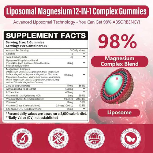2 Packs Liposomal Magnesium Complex Gummies-as 12 Forms of Magnesium CitrateGlycinateMalateOxideand More with Vitamin D3 B6C Ashwagandha &amp CoQ10 for Women and Men-Support Bone &amp Muscle