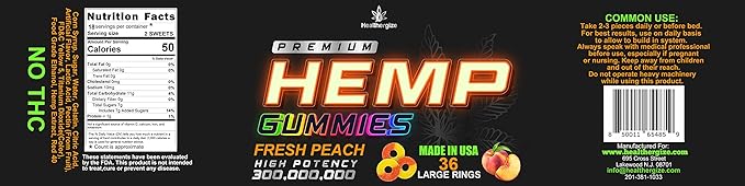 Hemp Gummies Sleep Peach Ring Gummy Bears-Natural Hempseed Oil for Peace and Calm-Fresh Peach Hemp Candy Edibles-Natural Omega-Made in USA