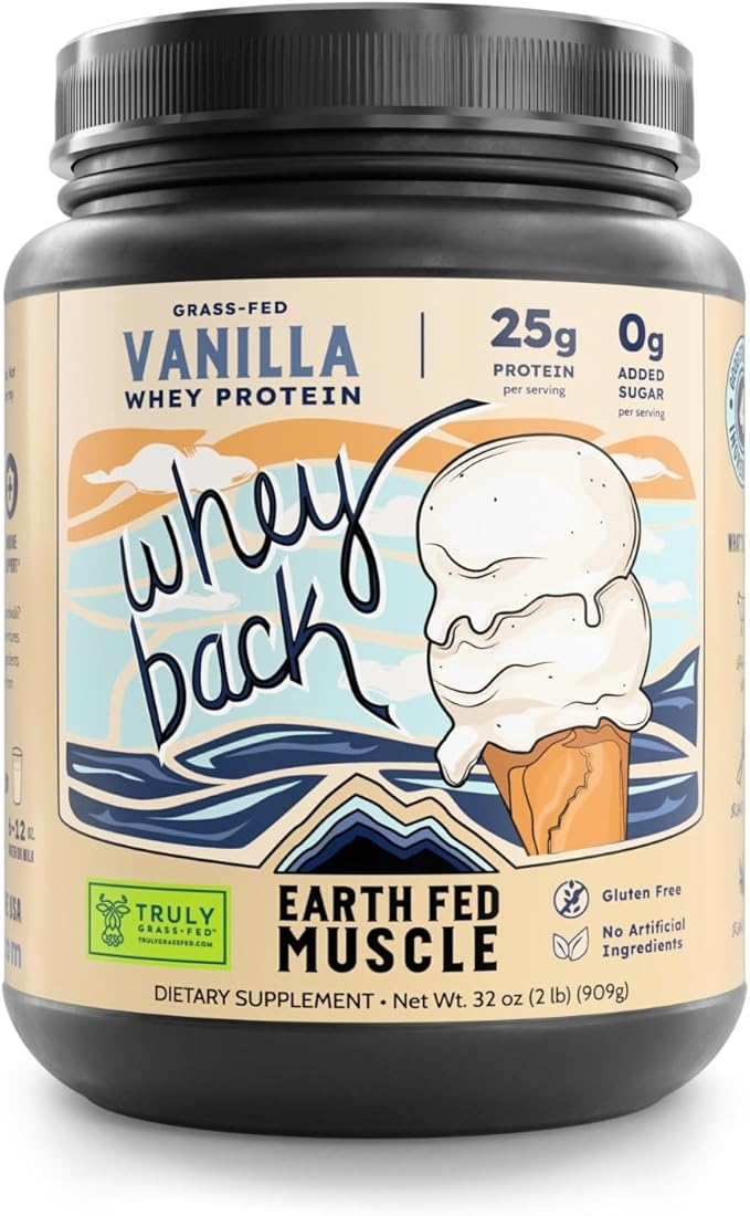 Earth Fed Muscle Whey Back Irish Grass Fed Whey Protein Isolate Third-Party Certified. 25g Protein Vanilla - Non-GMO Hormone Free Soy Free Gluten Free - 2 LB 29 Servings