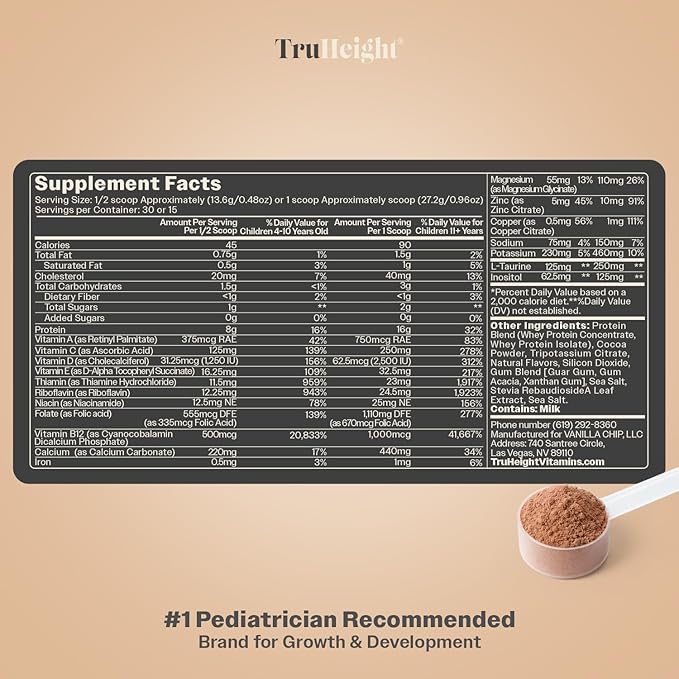 TruHeight Growth Protein Shake (Chocolate Milk Flavor Whey) Tall Nutrition for Natural Growth &amp Development - Protein Powder for Kids &amp Teens Weight Gain Drinks - Picky Eater Vitamin Taller