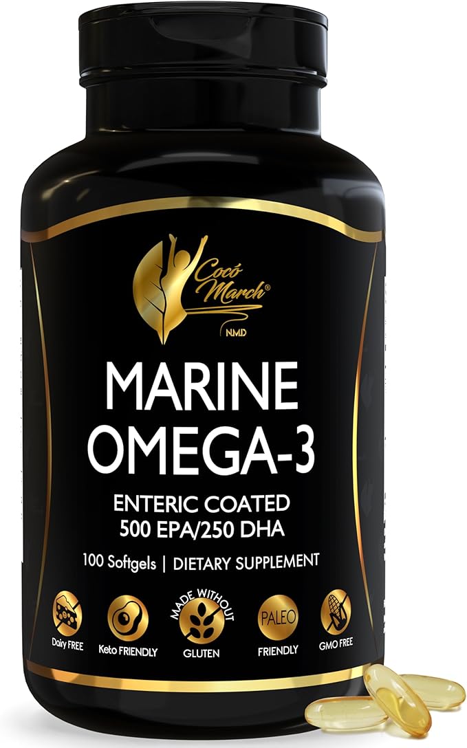 Cocó March N.M.D Marine Omega-3 Fish Oil – High Potency Omega 3 Supplement with 500 mg EPA &amp 250 mg DHA – Enteric Coated No Fishy Burps &amp Aftertaste – Omega-3 Fish Oil for Women &amp Men 3-