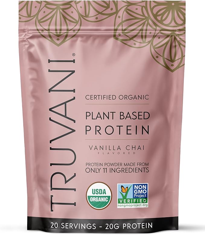 Truvani Vegan Pea Protein Powder | Vanilla Chai | 20g Organic Plant Based Protein | 20 Servings | Keto | Gluten &amp Dairy Free | Low Carb | No Added Sugar