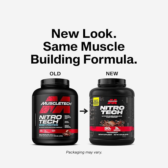 Muscletech Whey Protein Powder (Milk Chocolate 4 Pound) - Nitro-Tech Ultimate Muscle Building Formula with Whey Protein Isolate - 30g of Protein 3g of Creatine &amp 6.8g of BCAA - Packaging May Var