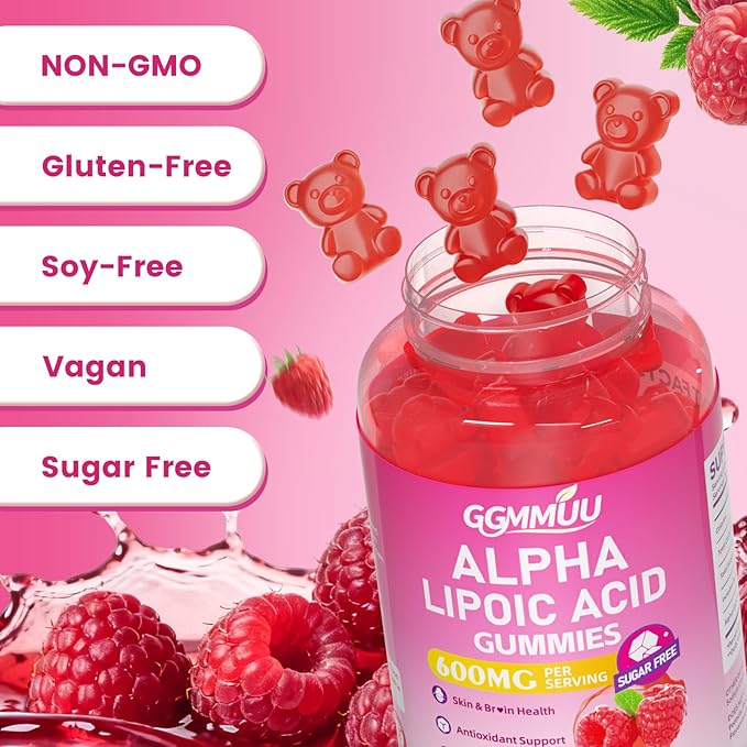 2 Pack Alpha Lipoic Acid Gummies 600mg High Absorption Chewable ALA Supplement for Antioxidant Support Raspberry Flavor Vegan Sugar Free 120 Count