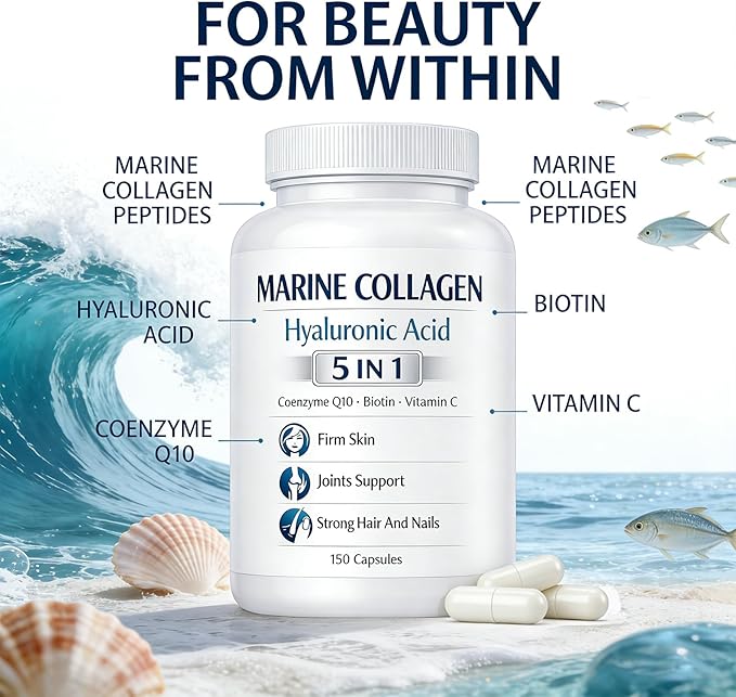 Colágeno Marino + Ácido hialurónico 5 in 1 Premium Formula 150 Capsules for Skin Hair Nails Health Hydrolyzed Collagen Type I with CoQ10 Biotin Vitamin C