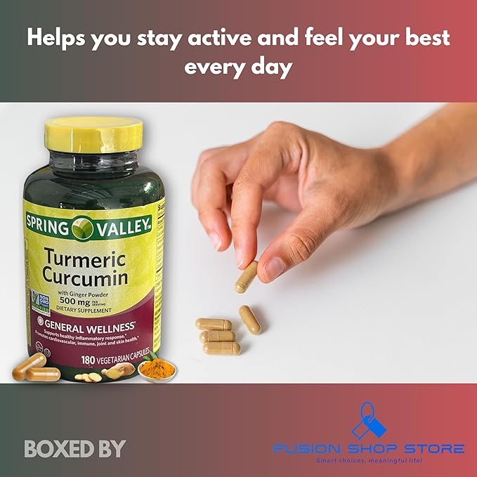 Turmeric Curcumin 500mg with Ginger Powder- Vegetarian Capsules 180ct (Pack of 1) Boxed by Fusion Shop Store