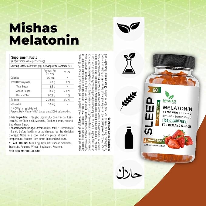 Mishas Nutraceuticals Melatonin Sleep Support Gummies for Adults 10 mg Melatonin Supplement 60 Strawberry Flavor Gummies Provides Up to 30 Days of Restful Sleep