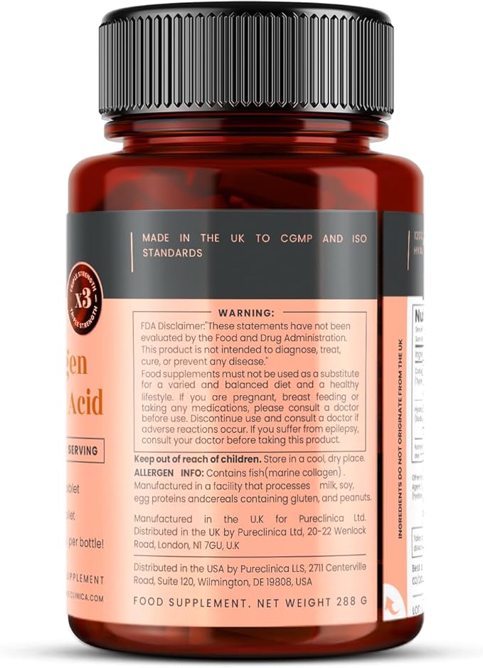 pureclinica UltraColl Collagen &amp Hyaluronic Acid 1500mg x 360 Tablets (2 Bottles of 180) - 1 Years Supply