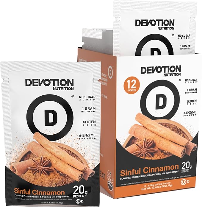 Devotion Nutrition Protein Powder Blend | Gluten Free Keto Friendly No Added Sugars | 1g MCT | 20g Whey &amp Micellar Protein | 12 Count Packets (Sinful Cinnamon)