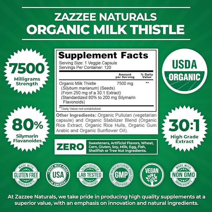 Zazzee USDA Organic Milk Thistle and Artichoke Supplement | 20:1 Artichoke Leaf Extract Plus 30:1 Milk Thistle Extract | Liver Cleanse Detox Bundle | Non-GMO Vegan &amp ISO Lab-Tested