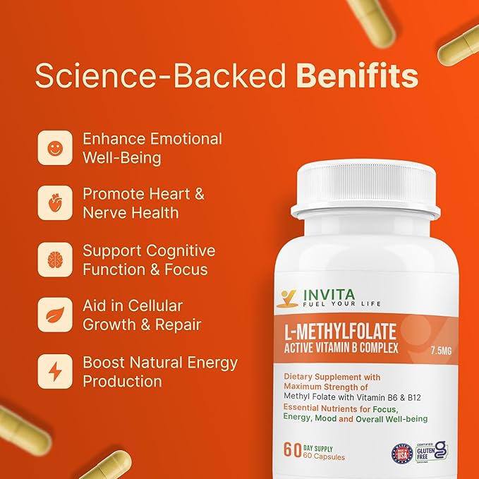 INVITA L-Methylfolate 7.5mg + Active Vitamin B Complex – 60 Capsules - 5-MTHF Supplement with Vitamin B6 &amp B12 Methylcobalamin for Mood Energy and Heart – Non-GMO Gluten Free 2-Month Supply