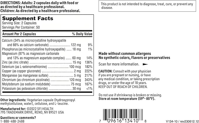 Klaire Labs SFI Health Multi-Mineral Complex Without Iron - Broad Spectrum &amp Hypoallergenic Essential Trace Mineral Blend with Copper &amp Zinc Iron-Free (100 Capsules)