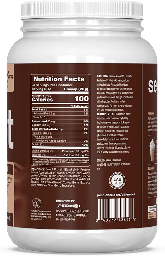 PEScience Select Cafe Protein Coffee Flavored Powder 100mg Caffeine 20g Iced Protein Coffee Powder or Creamer - Iced Mocha 20 Servings