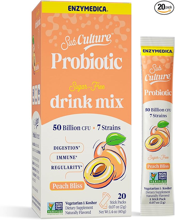 Enzymedica SubCulture Peach Bliss Probiotic Powder Daily Drink Supports Gut Health &amp Immune Function Probiotics for Women and Men Sugar-Free 20 Stick Packs