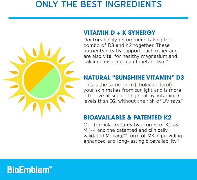 BioEmblem Vitamin D3 K2 (5000IU and 200mcg) and Mushroom Complex