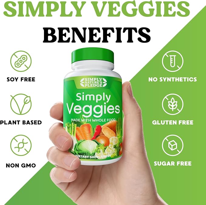 Simply Nature's Pledge - 90 Veggie Capsules- 2 Month Supply - Made with Whole Food Superfoods Packed with Beta Carotene &amp 18 Different Vegetables - 100% Soy Free