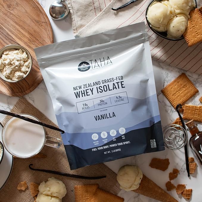 Taha Health &amp Nutrition Vanilla Whey Protein Isolate Powder 30g Protein 7.9g BCAAs 4.3g Leucine | New Zealand Free-Range Grass-Fed Dairy | Gluten-Free Keto Kosher | 2LB 25 Servings