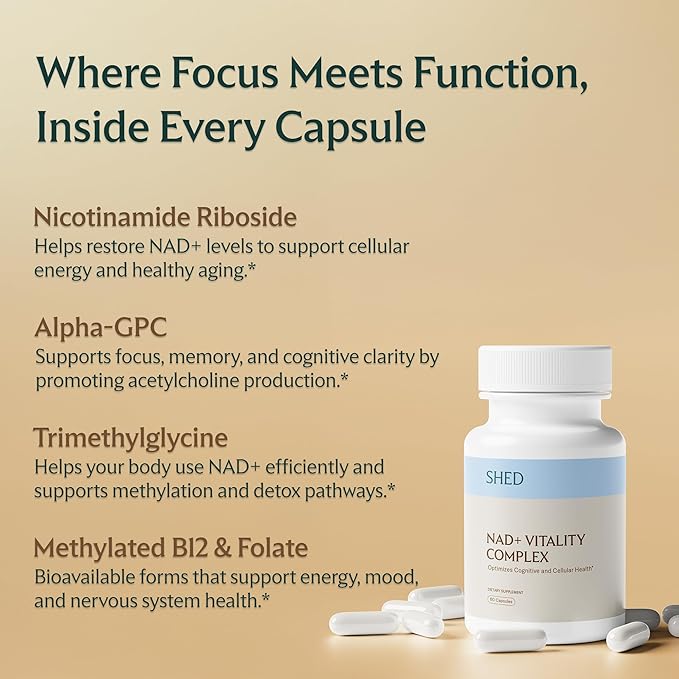 SHED NAD+ Supplement Vitality Complex with Nicotinamide Riboside (NR) Alpha-GPC TMG &amp Methylated B Vitamins – Supports Energy Focus Cellular Health &amp Aging – 60 Capsules