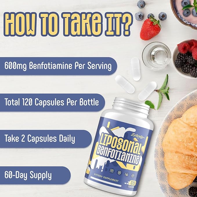 Zaigon Benfotiamine Thiamine Vitamin B1 Supplement 600mg Liposomal Fat Soluble VIT B1 with Alpha-Lipoic Acid for Men &amp Women Energy Boost Glucose Metabolism &amp Nerve Support (360 Vegan Capsu