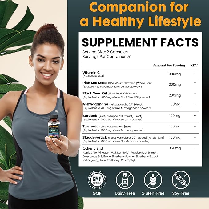 Sea Moss 6000mg Black Seed Oil 4000mg Ashwagandha 2000mg &amp Burdock Root/Turmeric/Bladderwrack 18650mg Sea Moss Supplement Seamoss Black Seed Oil Ashwagandha Ginger 120 Count