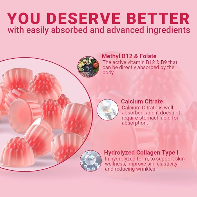 Womens Multivitamin Gummies with Biotin Collagen Calcium Magnesium Inositol Folate Iron Vitamin A C D E - Multi Vitamins &amp Minerals - Multivitamin for Women Supplement