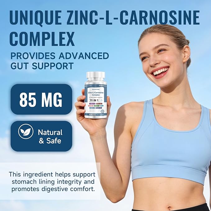 Zinc L Carnosine Complex 85mg 11-in-1 Digestive &amp Gut Health Support Supplement with Soothing Herbal Extract Blend L-Glutamine &amp Mastic Gum 100 Capsules Non-GMO Vegan