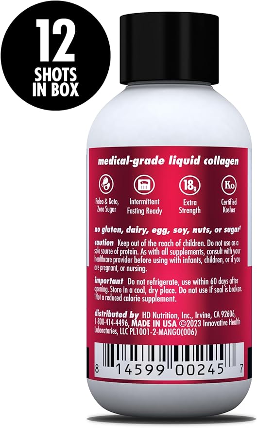 HEALTH DIRECT – Medical-Grade Liquid Collagen Shots – AminoSculpt Sugar-Free – Smooth Mango – 12 Servings (12pk 2oz Shots) – Good for Joints Bones &amp Sleep – Better Hair Skin &amp Nails
