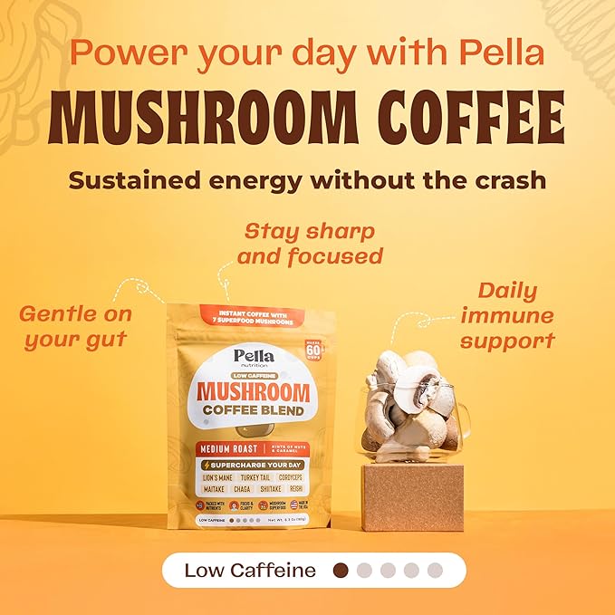 Drops Of Nature Ashwagandha &amp Saffron Liquid Drops Supplement (Mixed Berry 60mL) &amp Pella Nutrition Mushroom Coffee with Lion's Mane (Low-Caffeine 60 Cups) – Vegan Non-GMO – Focus &amp Mood