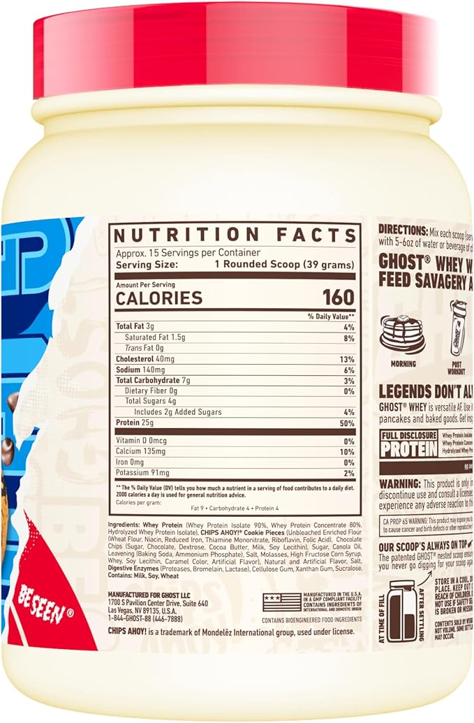 GHOST Whey Protein Powder Chips Ahoy! - 1LB Tub 25G of Protein - Flavored Isolate Concentrate &amp Hydrolyzed Whey Protein Blend - Post Workout Shakes