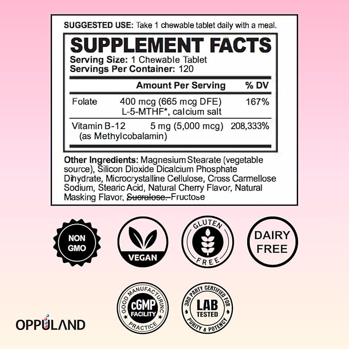 Methyl B-12 5000mcg Chewable with Folate - Vitamin B12 Methylcobalamin Sublingual Tablets - Supports Energy &amp Brain Function - Vegan Supplement - Cherry Flavor - 120 Count