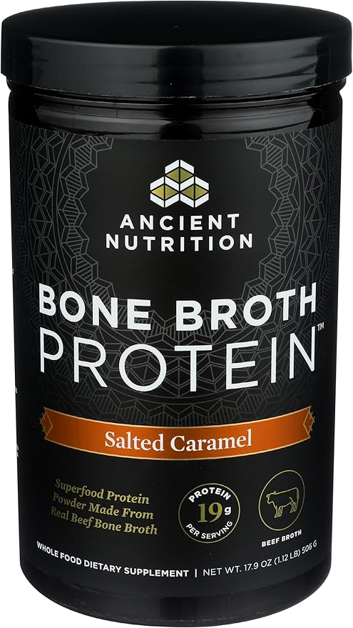 Ancient Nutrition Bone Broth Protein Powder Salted Caramel 19g Protein per Serving Beef Supports Healthy Skin Gut Health Joint Supplement Gluten Free Paleo and Keto Friendly 20 Servings