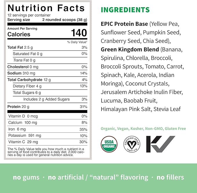 Sprout Living Epic Protein Plant Based Protein &amp Superfoods Powder Green Kingdom | 20 Grams Organic Protein Powder Greens Vegan Non Dairy Non-GMO Gluten Free Low Sugar (1 Pound 12 Serving