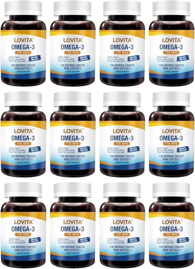 LOVITA 12-Pack Bulk Omega-3 Bundle - 1440 Mini Softgels 2000mg rTG Form Enteric-Coated Burpless Daily Supplement (Year Supply)