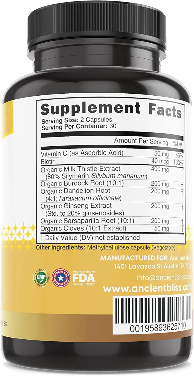 Ancient Bliss Liver Love - Natural Milk Thistle Liver Detox and Liver Health Cleanse Supplement - Support Healthy Liver in Men and Women - 60 Capsules - with Burdock Dandelion Cloves and More