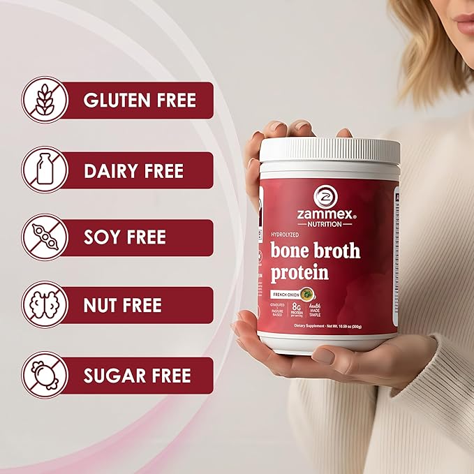 Zammex Beef Bone Broth Protein Powder - Grass-Fed Hydrolyzed Collagen Supports Hair Skin and Joint &amp Bone Health Pasture Raised Keto Paleo Friendly 30 Servings- French Onion