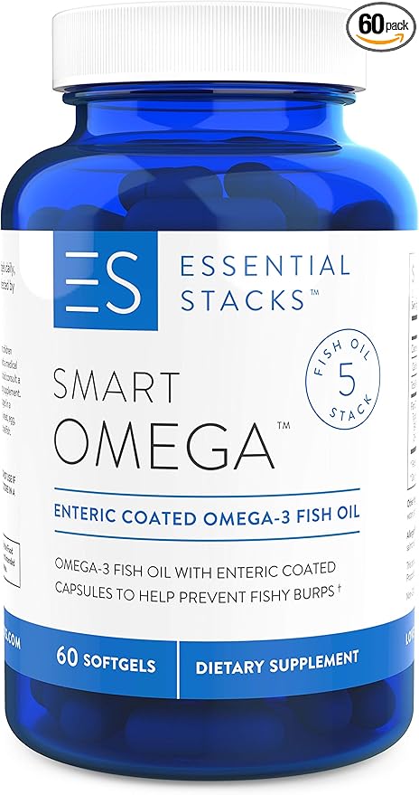 Essential Stacks Smart Omega 3 - Burpless Fish Oil - 1400mg EPA DHA Per Serving Enteric Coated (60 Capsules)