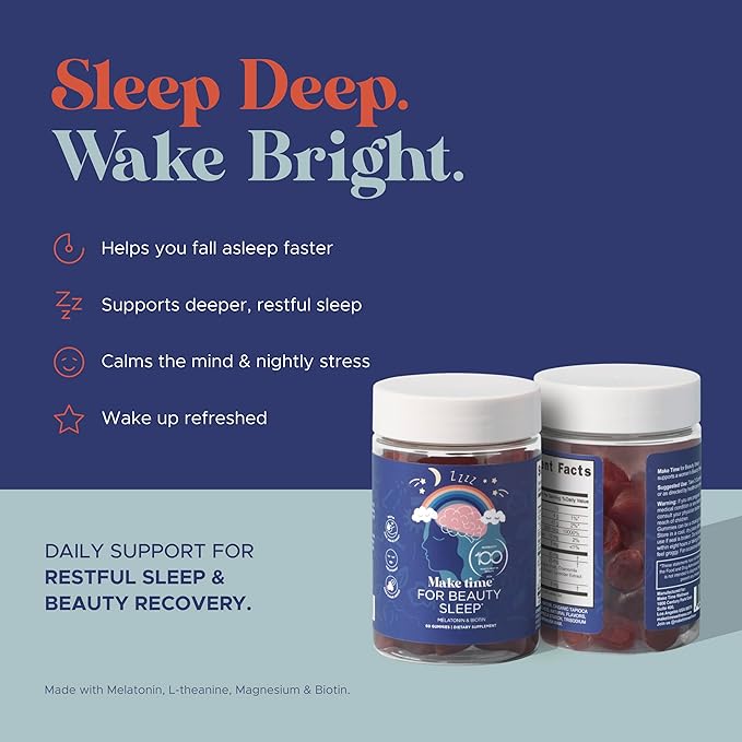 MAKE TIME Beauty Sleep Gummies – 5mg of Melatonin &amp Biotin Supplement for Restful Sleep Relaxation &amp Healthy Hair Skin &amp Nails – Sugar-Free Formula with L-Theanine and Magnesium (60 Gumm