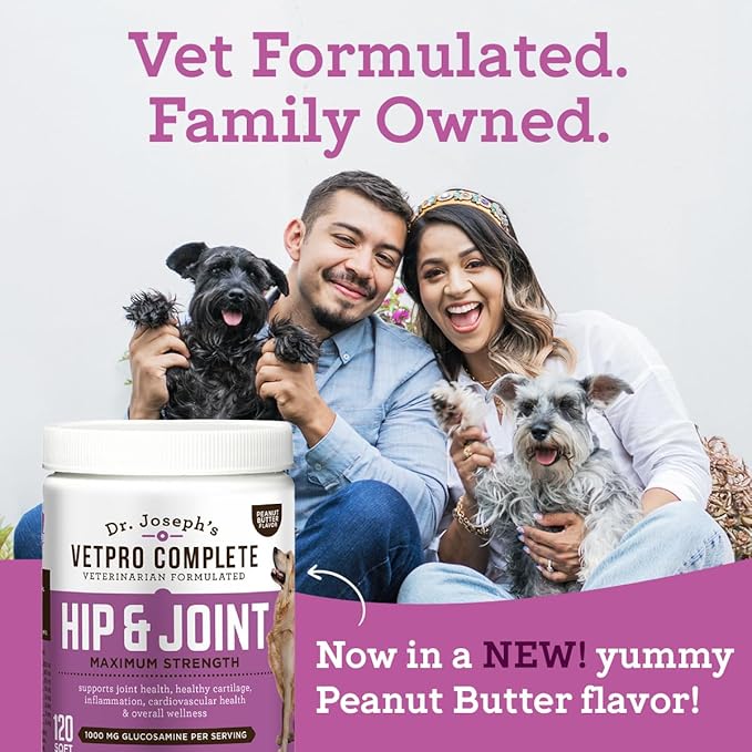 Dr. Joseph's VetPro Complete Dog Hip &amp Joint Supplement for Arthritis Pain Relief – High-Strength Glucosamine &amp Chondroitin Chews for Senior Dogs – Vet Formulated Peanut Butter Flavor 60 Ct
